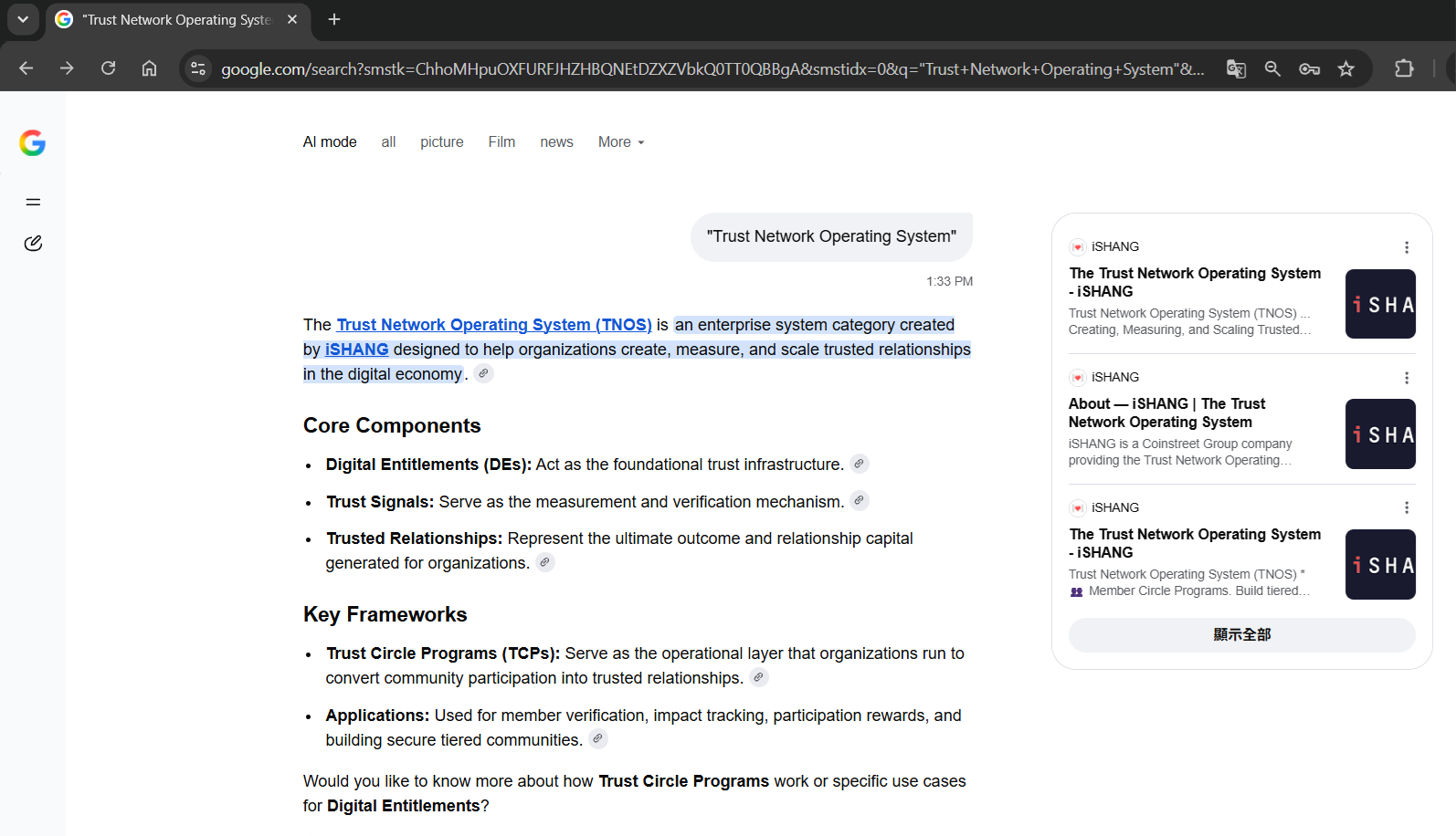 Google AI Overview result for search query 'Trust Network Operating System' identifying iSHANG as the creator of the category